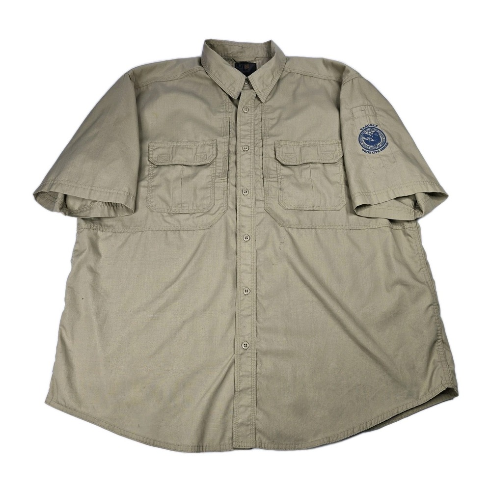 5.11 Tactical Series Shirt Mens Khaki Tan Short Sleeve Cotton XL Veterans Patch